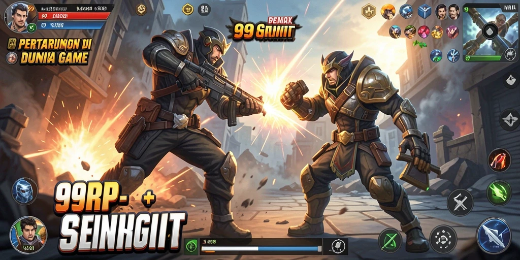 Screenshot gameplay 99RP menampilkan pertarungan intens dengan karakter unik.