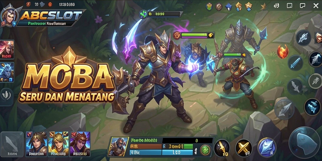Screenshot ABCSLOT menampilkan pertempuran MOBA yang seru dan intens.