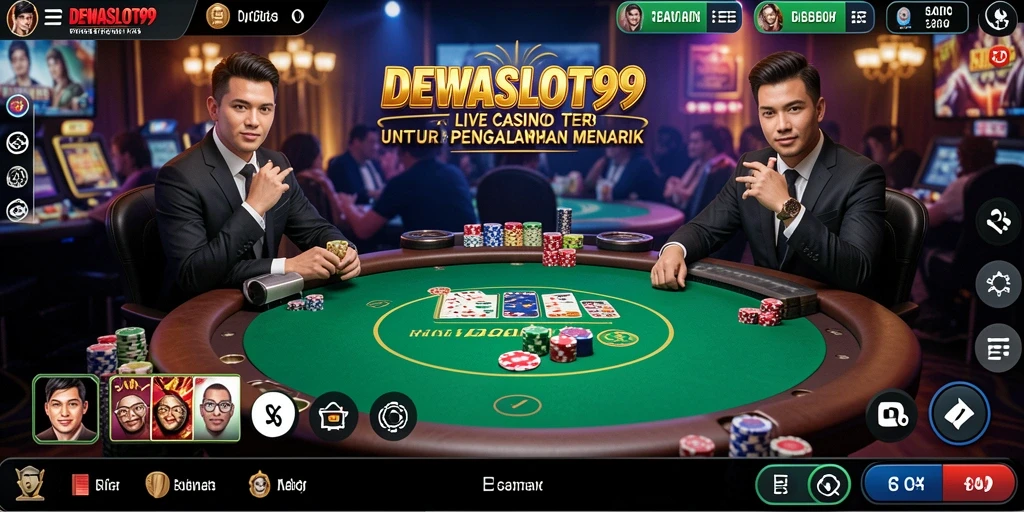 Screenshot gameplay DEWASLOT99 menampilkan dealer profesional dan suasana Live Casino yang mendebarkan.