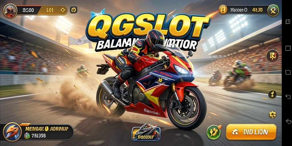 Screenshot gameplay QQSLOT menunjukkan aksi balapan motor yang seru.