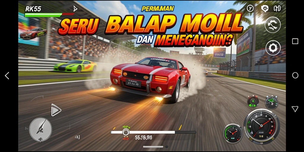 Tampilan gameplay RK55 dengan mobil balap yang mendebarkan di lintasan.