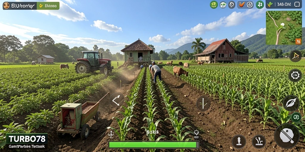 Tampilan screenshot TURBO78 menunjukkan aktivitas bertani yang seru dan menarik.
