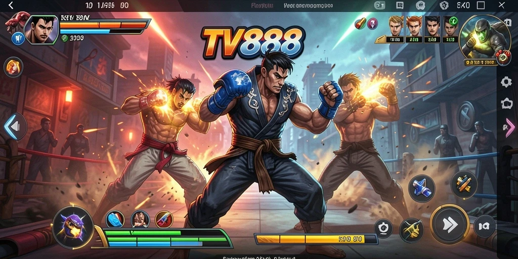 Screenshot utama TV888 menampilkan pertarungan penuh aksi.